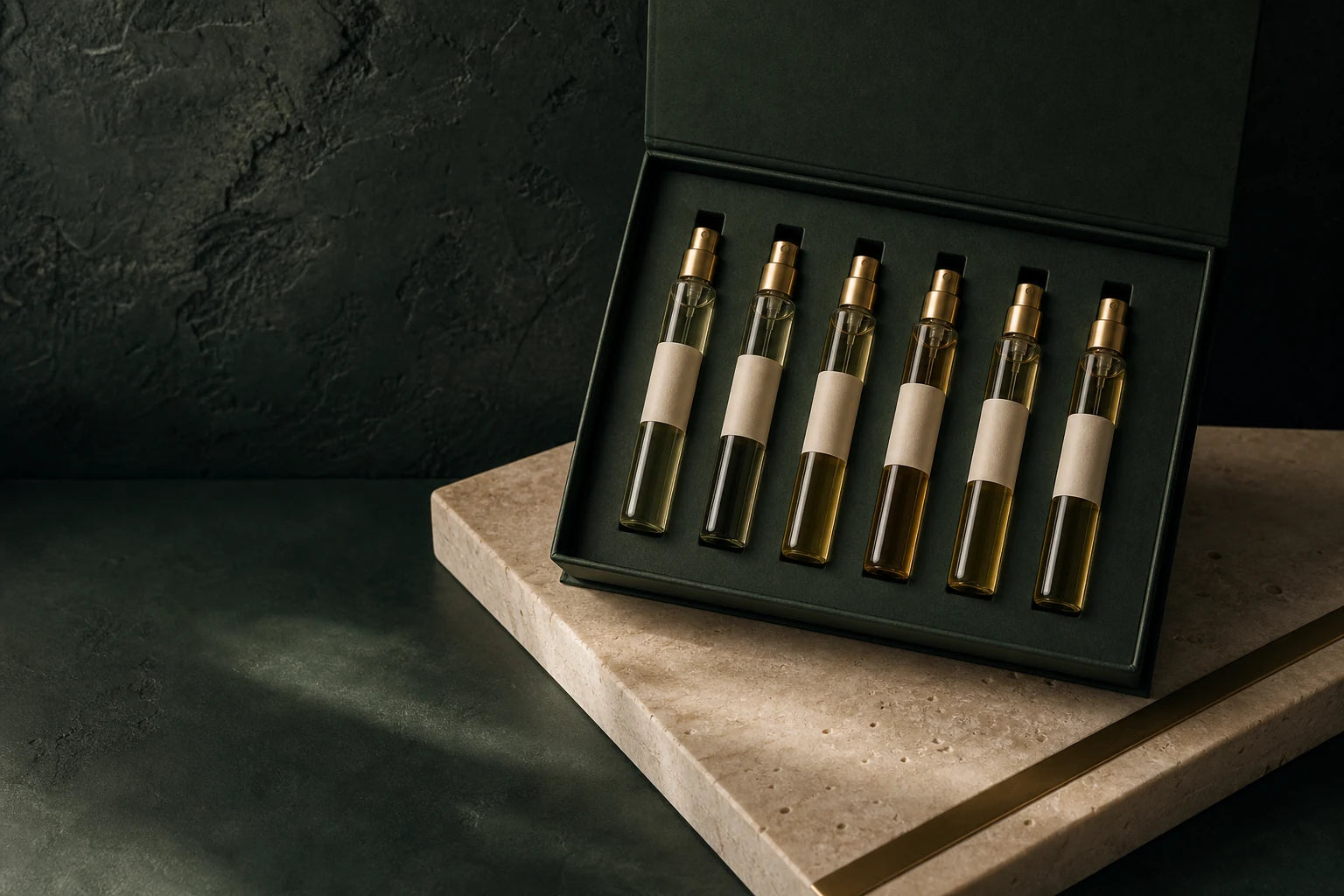 A presentation case with six fragrance samples