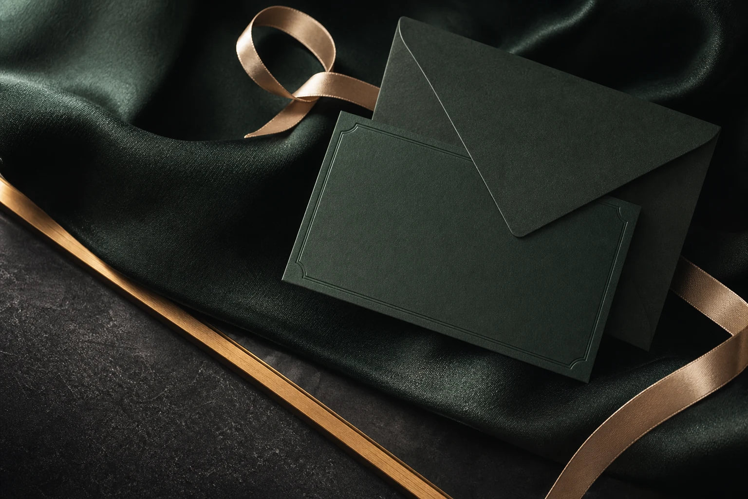 A deep green gift card with matching envelope and champagne ribbon